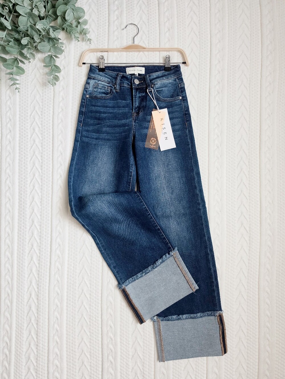 RISEN Women's Slim Wide Leg Jeans Stretch Cuffed Dark Classic Retro Various NEW - Picture 14 of 16